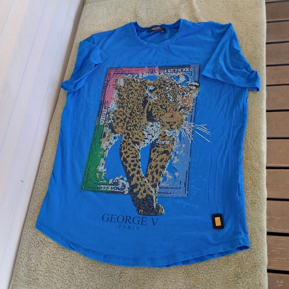 Avenue George V Paris T-Shirt Rhinestone Slim Fitted Tee XL Blue